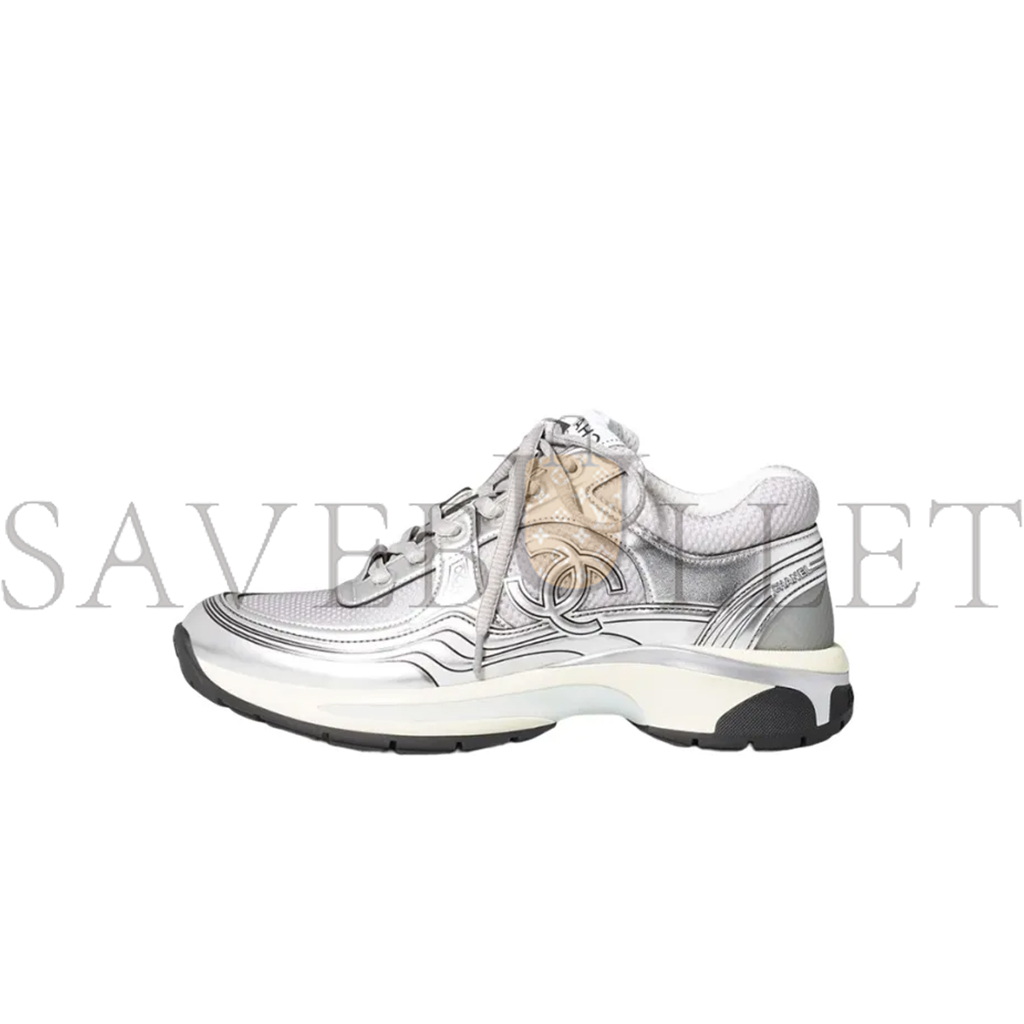 CHANEL  FABRIC LAMINATED CALFSKIN STRETCH CC SNEAKERS WHITE SILVER G39792